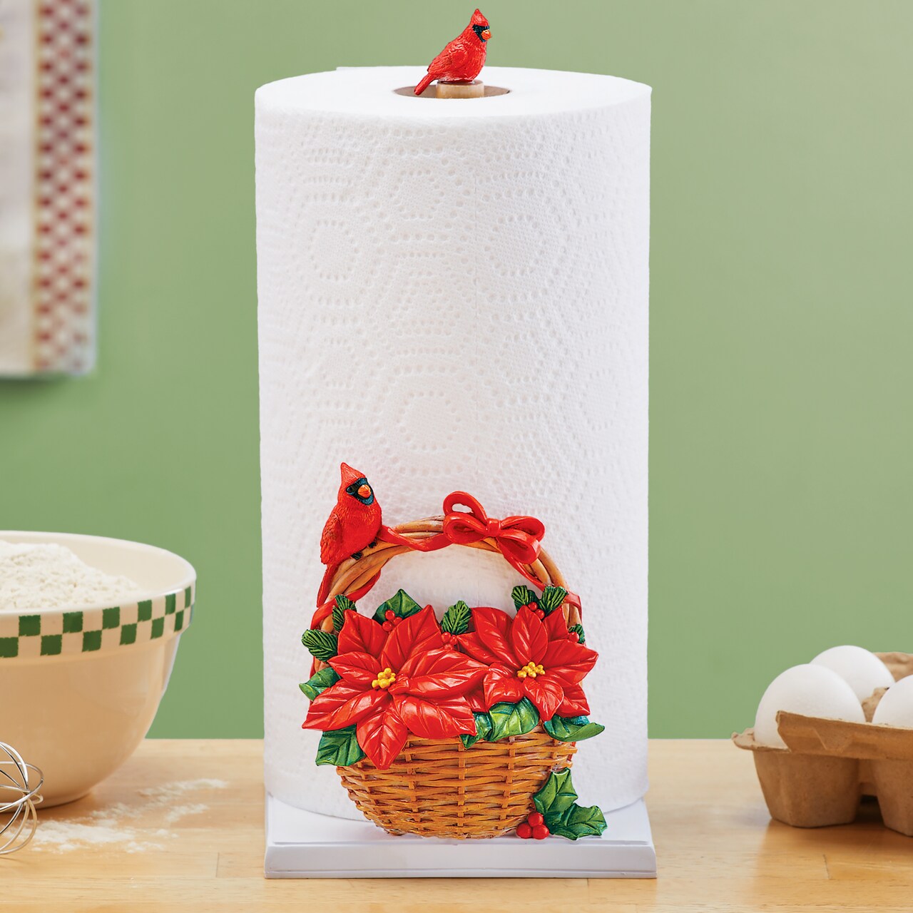 Collections Etc Hand-Painted Poinsettia Basket Paper Towel Holder